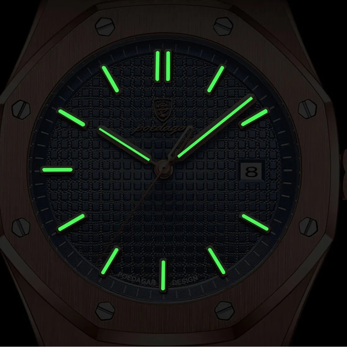 Tonneau-shaped watch with green glowing hands on a black background